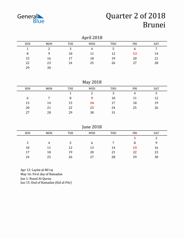 Quarter 2 2018 Brunei Quarterly Calendar