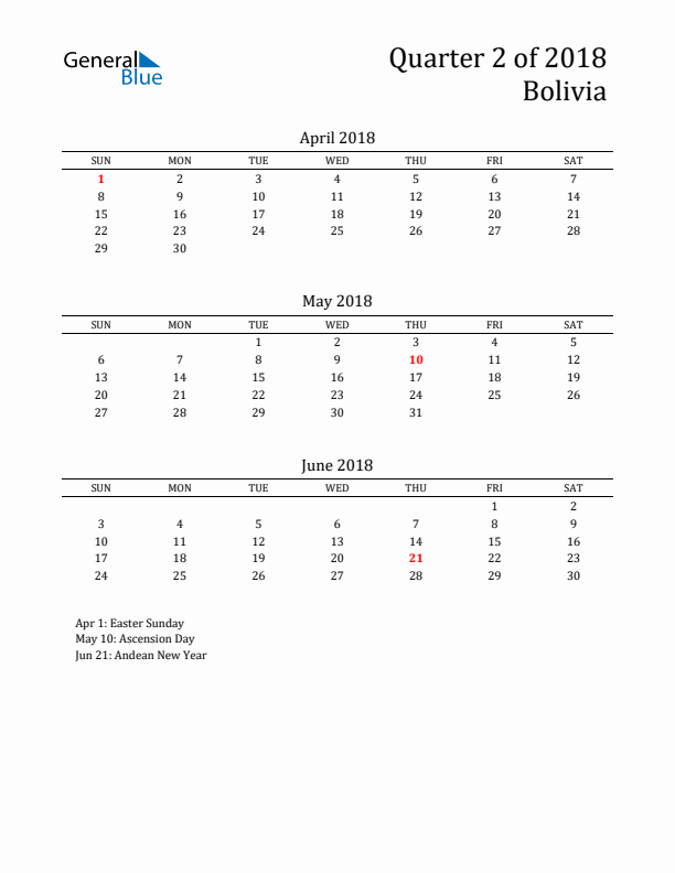 Quarter 2 2018 Bolivia Quarterly Calendar