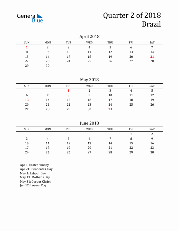 Quarter 2 2018 Brazil Quarterly Calendar