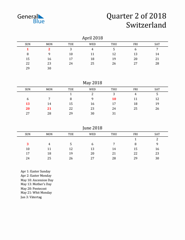 Quarter 2 2018 Switzerland Quarterly Calendar