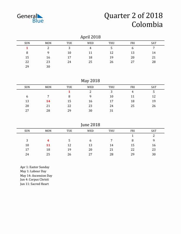 Quarter 2 2018 Colombia Quarterly Calendar