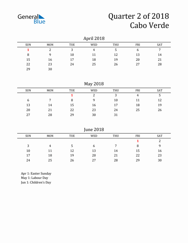 Quarter 2 2018 Cabo Verde Quarterly Calendar