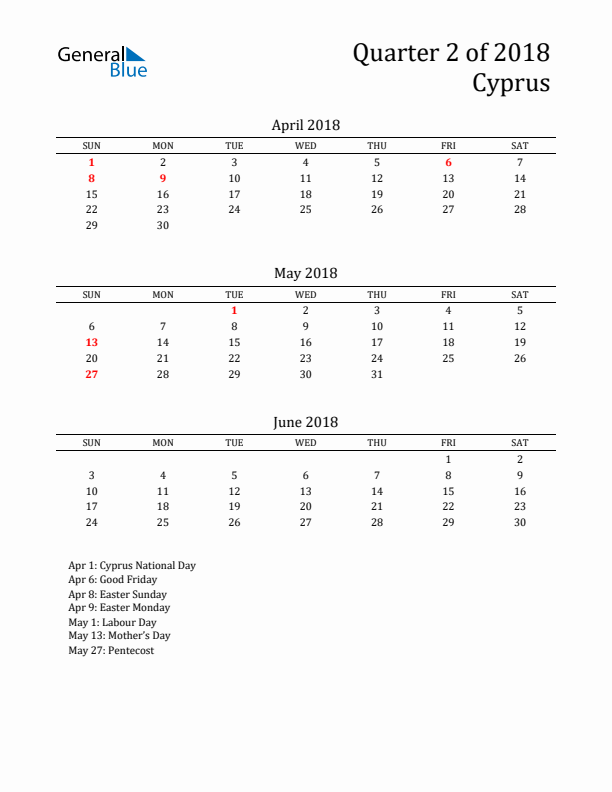 Quarter 2 2018 Cyprus Quarterly Calendar