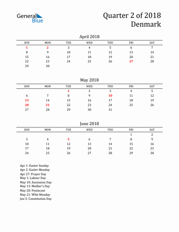 Quarter 2 2018 Denmark Quarterly Calendar