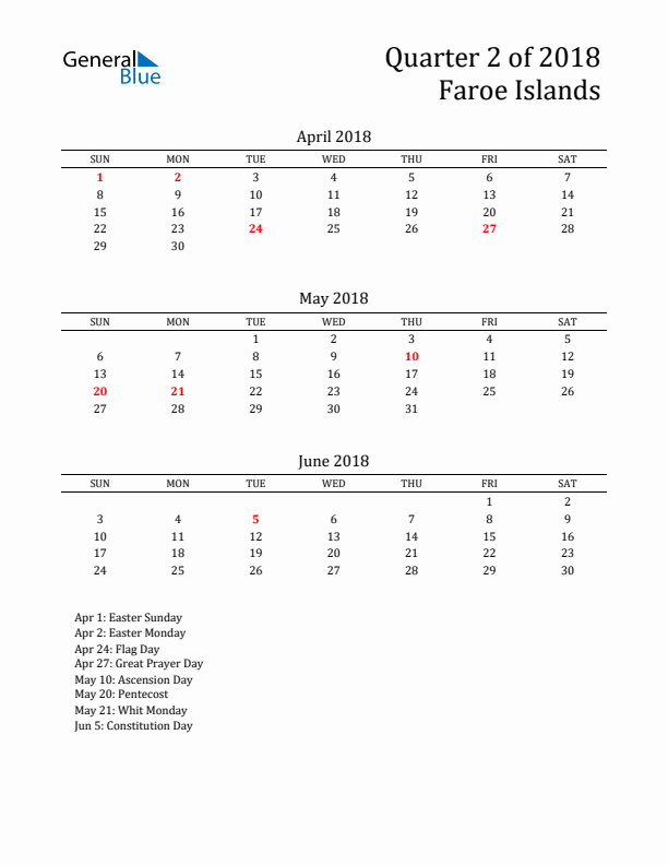 Quarter 2 2018 Faroe Islands Quarterly Calendar