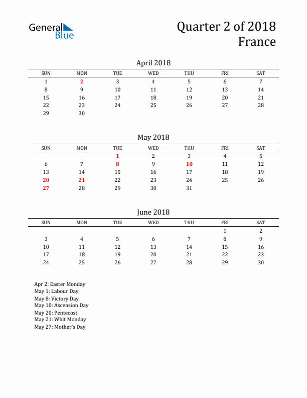 Quarter 2 2018 France Quarterly Calendar