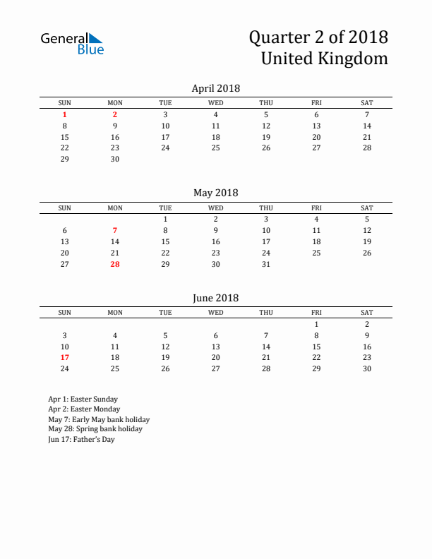 Quarter 2 2018 United Kingdom Quarterly Calendar