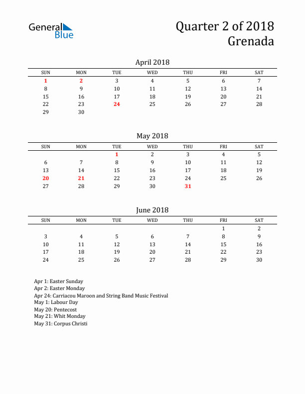 Quarter 2 2018 Grenada Quarterly Calendar