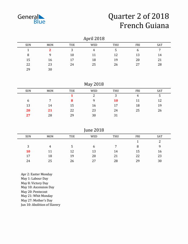 Quarter 2 2018 French Guiana Quarterly Calendar