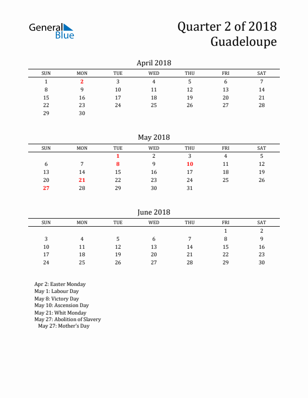 Quarter 2 2018 Guadeloupe Quarterly Calendar