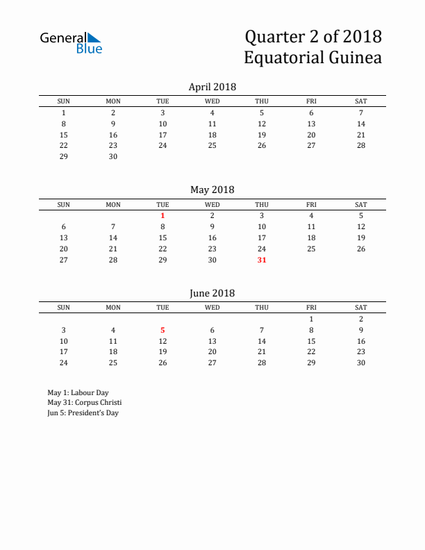 Quarter 2 2018 Equatorial Guinea Quarterly Calendar