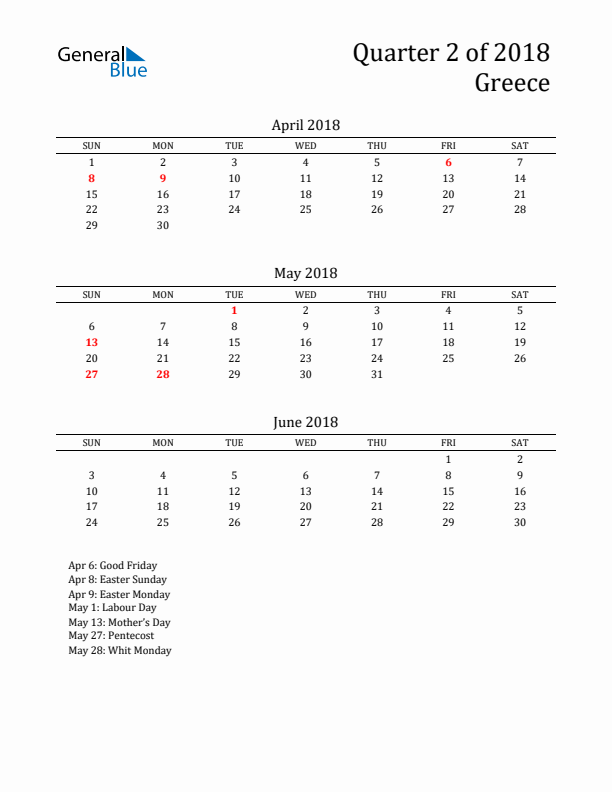 Quarter 2 2018 Greece Quarterly Calendar