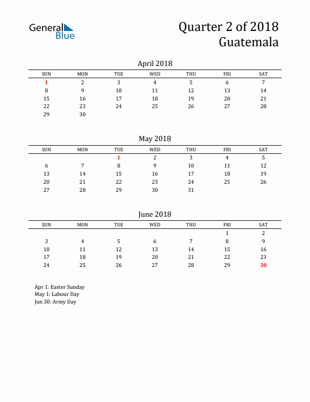 Quarter 2 2018 Guatemala Quarterly Calendar