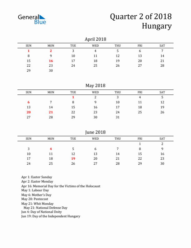 Quarter 2 2018 Hungary Quarterly Calendar