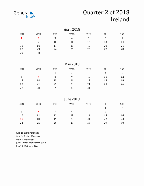 Quarter 2 2018 Ireland Quarterly Calendar