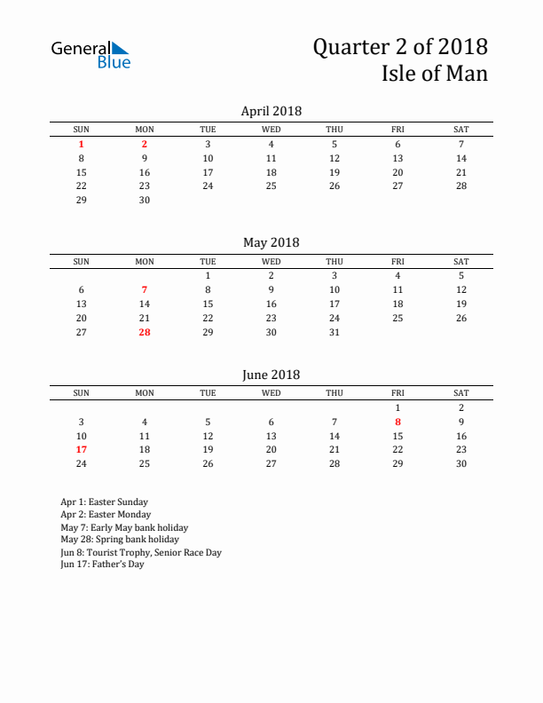 Quarter 2 2018 Isle of Man Quarterly Calendar