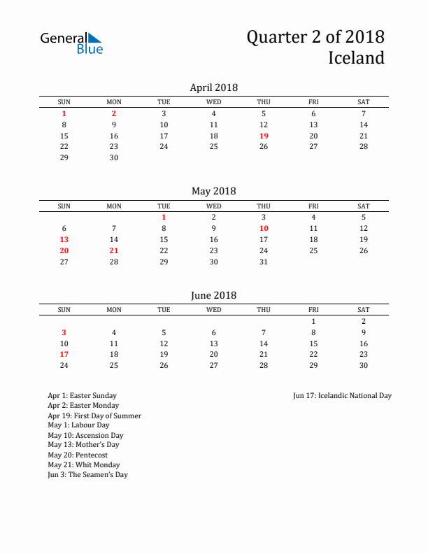 Quarter 2 2018 Iceland Quarterly Calendar