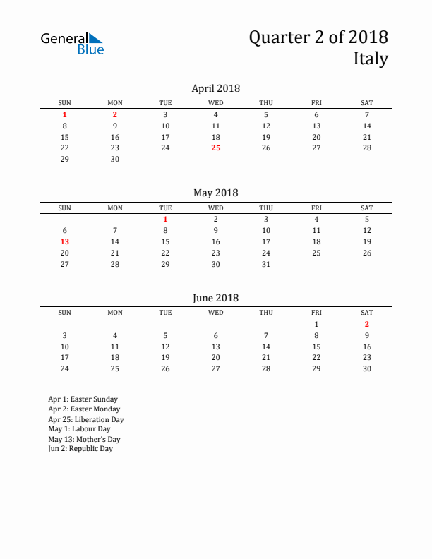 Quarter 2 2018 Italy Quarterly Calendar