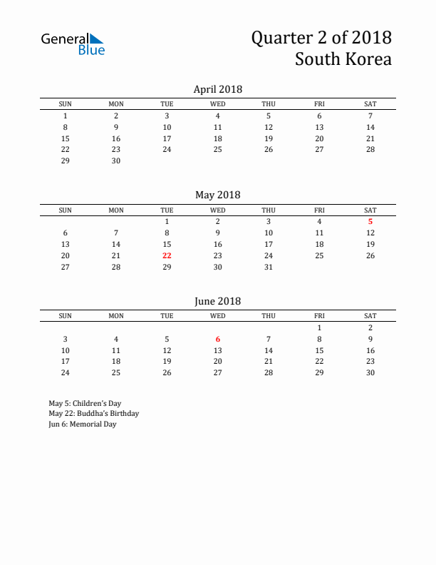 Quarter 2 2018 South Korea Quarterly Calendar