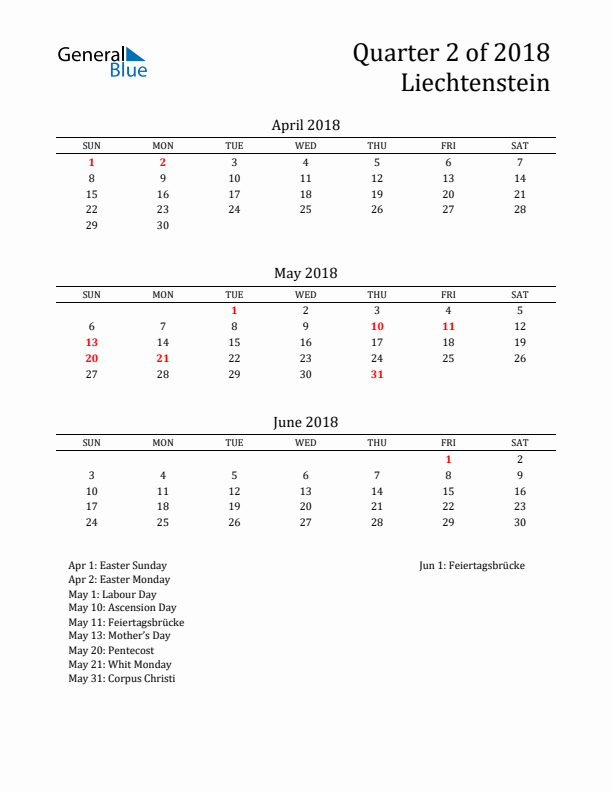 Quarter 2 2018 Liechtenstein Quarterly Calendar