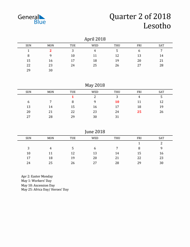 Quarter 2 2018 Lesotho Quarterly Calendar