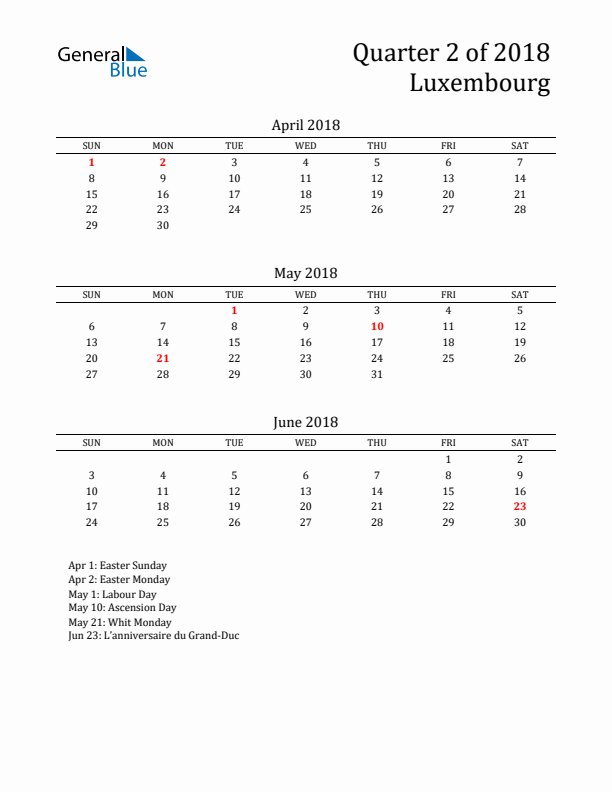 Quarter 2 2018 Luxembourg Quarterly Calendar