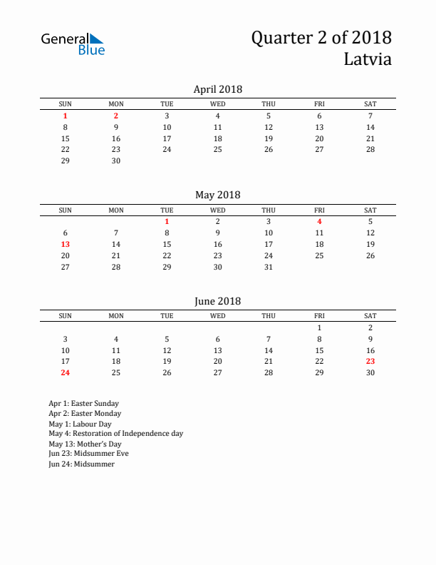 Quarter 2 2018 Latvia Quarterly Calendar