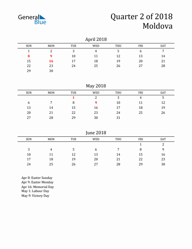 Quarter 2 2018 Moldova Quarterly Calendar