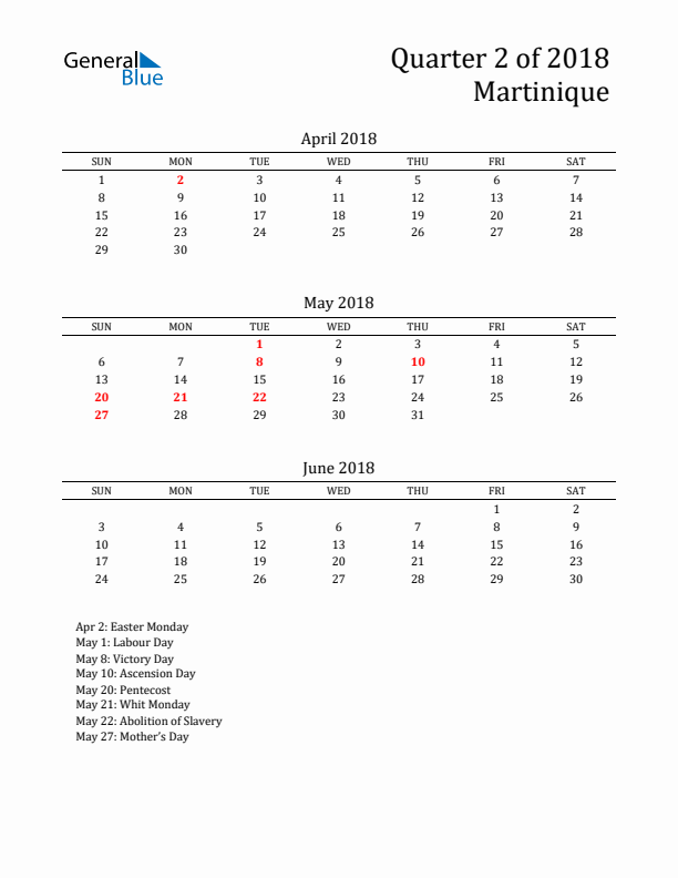 Quarter 2 2018 Martinique Quarterly Calendar