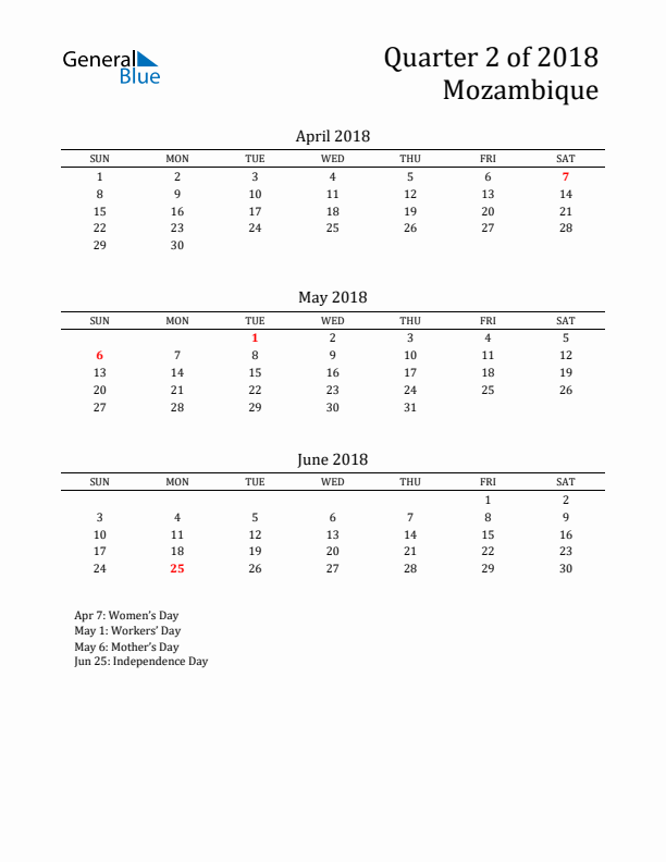 Quarter 2 2018 Mozambique Quarterly Calendar