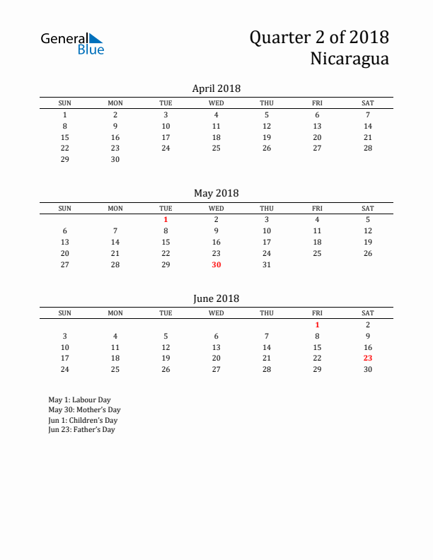 Quarter 2 2018 Nicaragua Quarterly Calendar