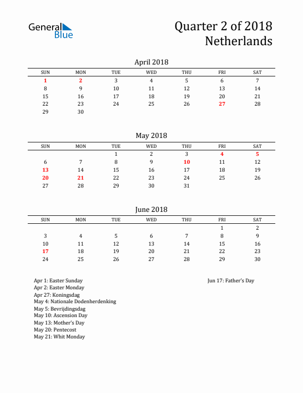 Quarter 2 2018 The Netherlands Quarterly Calendar