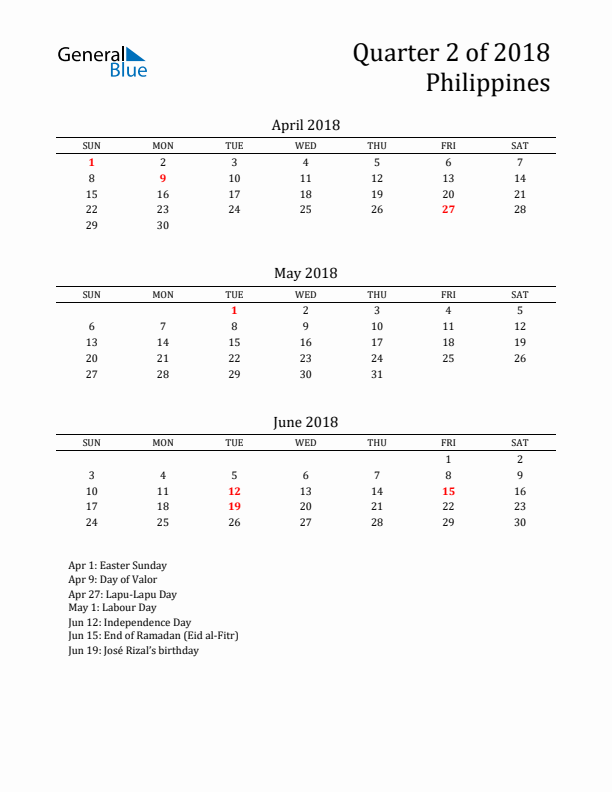 Quarter 2 2018 Philippines Quarterly Calendar