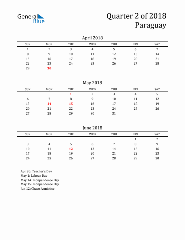 Quarter 2 2018 Paraguay Quarterly Calendar