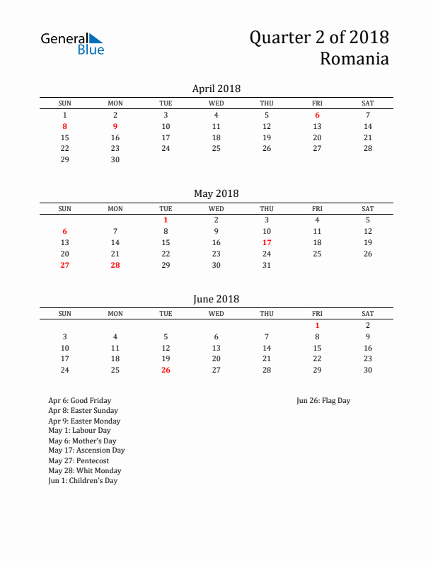 Quarter 2 2018 Romania Quarterly Calendar