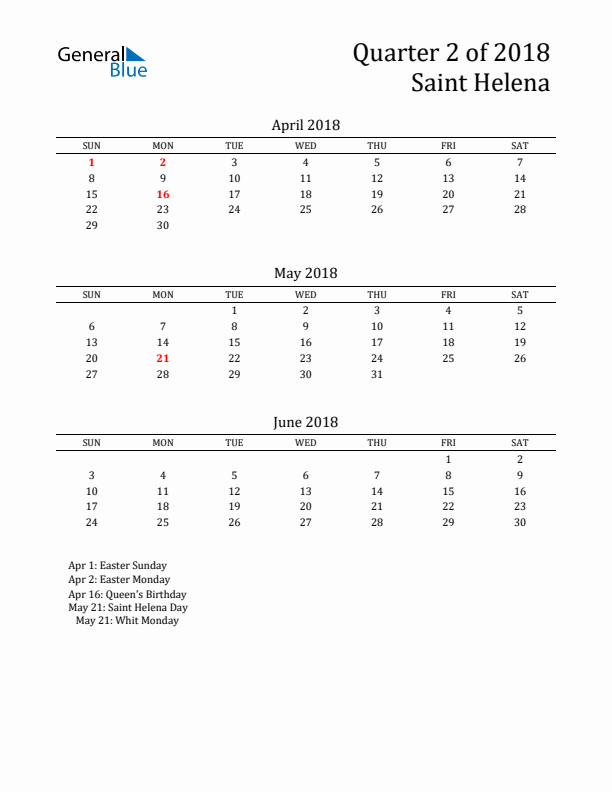 Quarter 2 2018 Saint Helena Quarterly Calendar