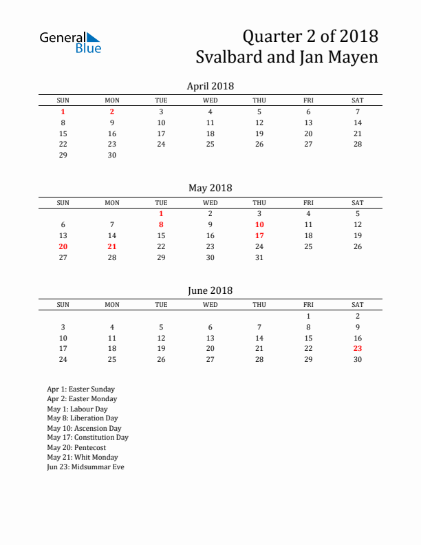 Quarter 2 2018 Svalbard and Jan Mayen Quarterly Calendar