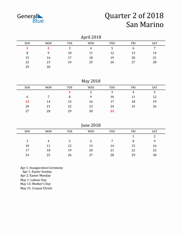 Quarter 2 2018 San Marino Quarterly Calendar