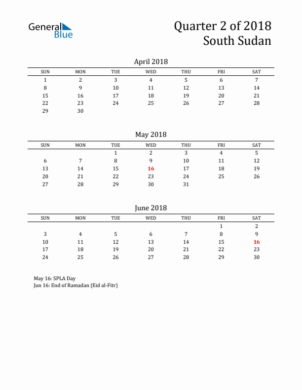 Quarter 2 2018 South Sudan Quarterly Calendar