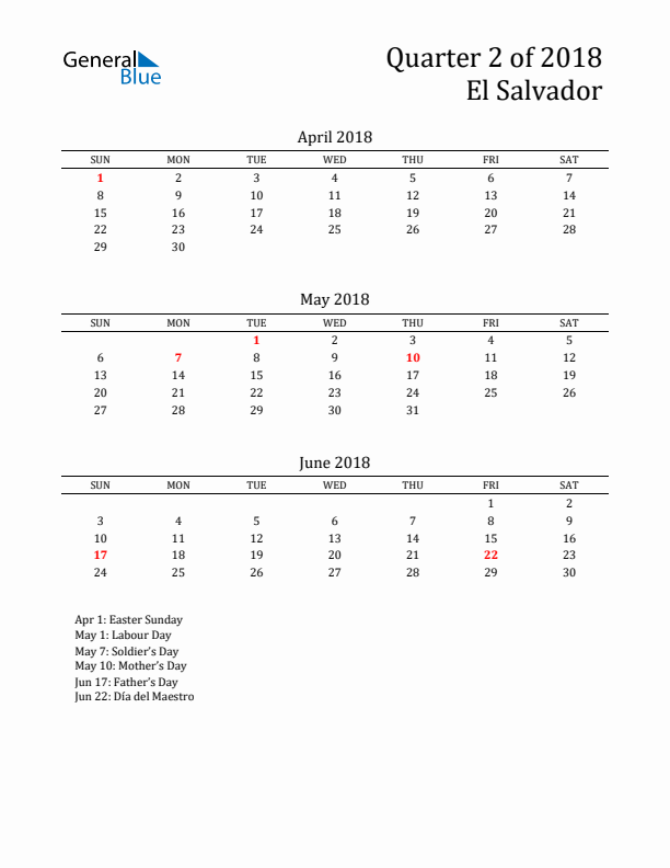 Quarter 2 2018 El Salvador Quarterly Calendar