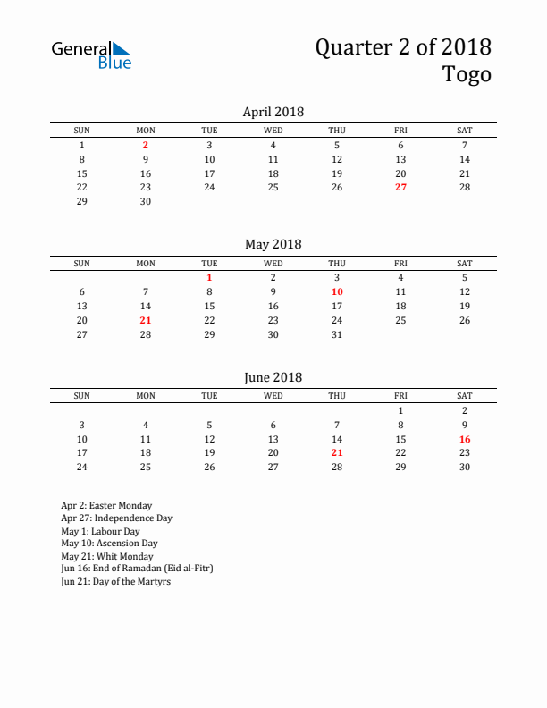 Quarter 2 2018 Togo Quarterly Calendar