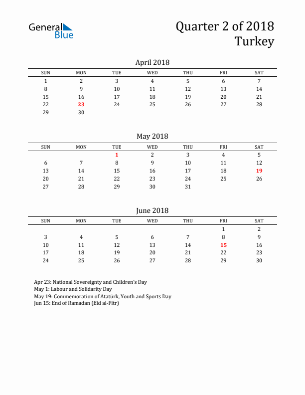 Quarter 2 2018 Turkey Quarterly Calendar