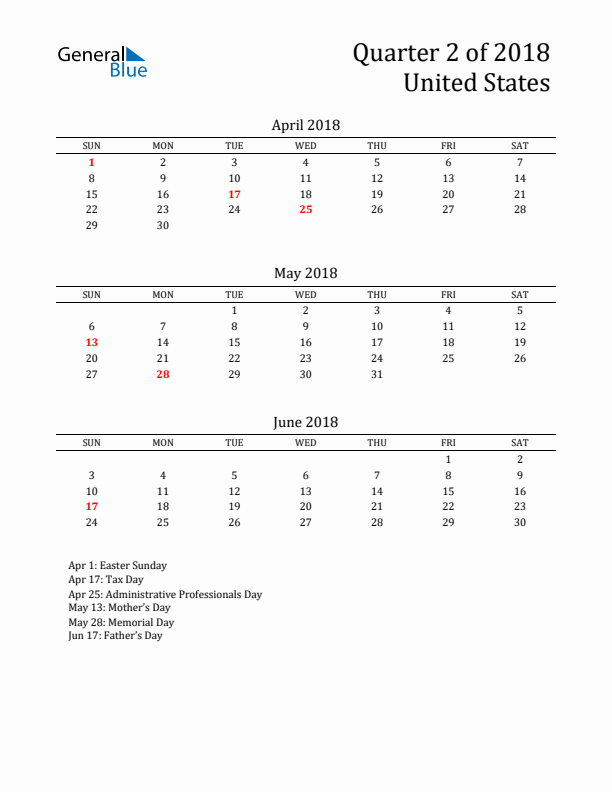 Quarter 2 2018 United States Quarterly Calendar