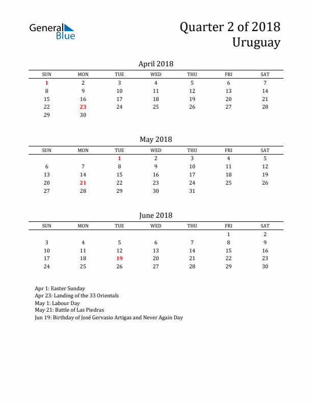 Quarter 2 2018 Uruguay Quarterly Calendar