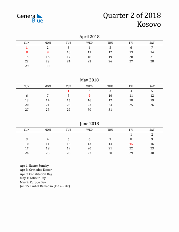 Quarter 2 2018 Kosovo Quarterly Calendar