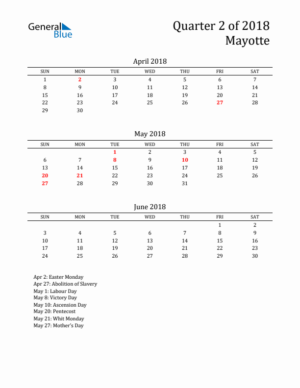 Quarter 2 2018 Mayotte Quarterly Calendar