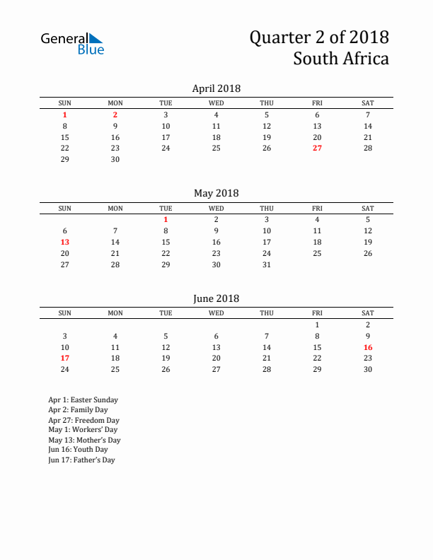 Quarter 2 2018 South Africa Quarterly Calendar