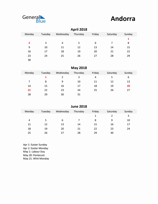 Printable Quarterly Calendar with Notes and Andorra Holidays- Q2 of 2018