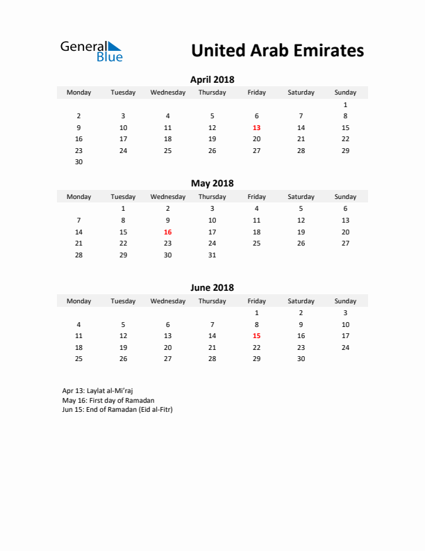 Printable Quarterly Calendar with Notes and United Arab Emirates Holidays- Q2 of 2018