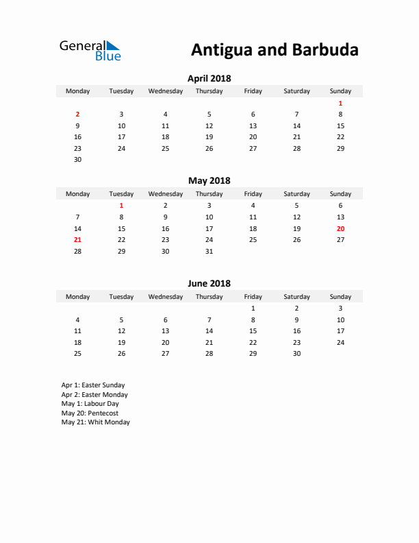 Printable Quarterly Calendar with Notes and Antigua and Barbuda Holidays- Q2 of 2018